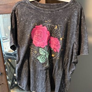 Rebellious One Black Tee with Pink Rose Design 3X Used